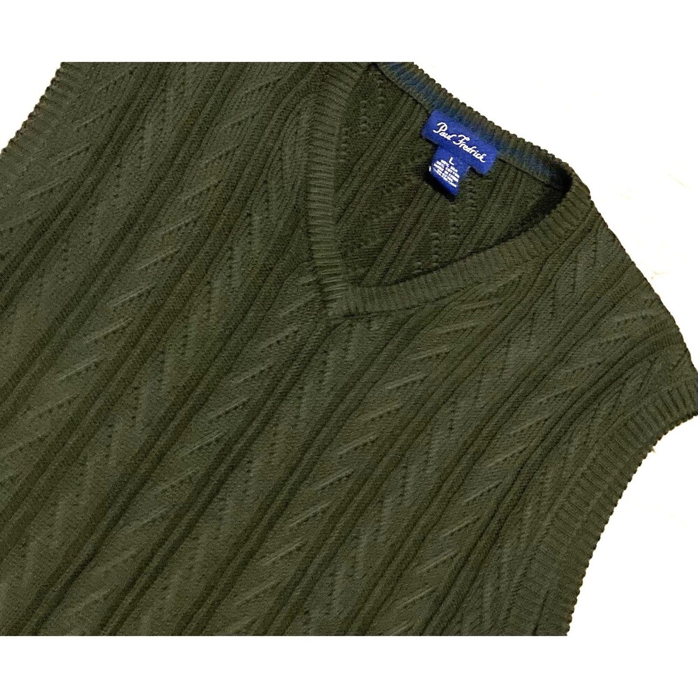 Paul Frederick Cable Knit Mens Sweater Vest L Green Silk Blend V Neck Golf